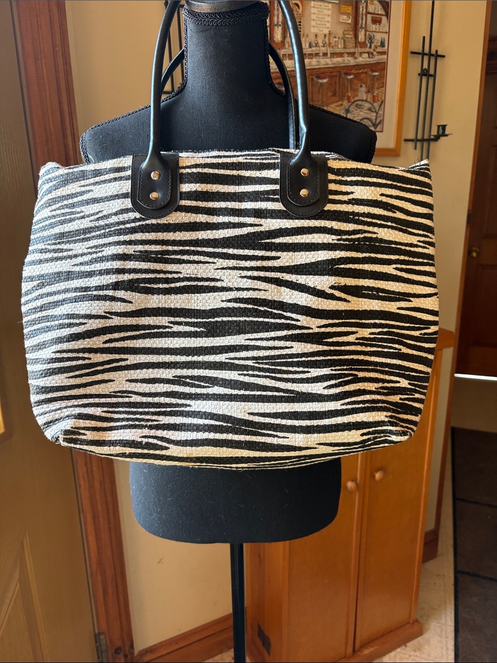 Zebra Print Canvas Tote Bag with Black Handles